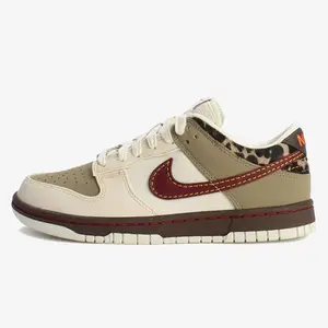 Nike Dunk Low Men’s Casual Sneakers – Beige Khaki Burgundy with Leopard Detail  IM6687-262