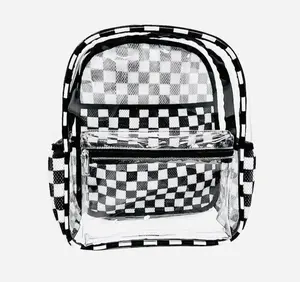 Big Little Wish Clear Checkered Backpack – Heavy Duty Transparent PVC Bag with Black & White Check Design, Waterproof & Easy to Clean, Large Capacity See-Through Bookbag for School, Travel, Events & Concerts