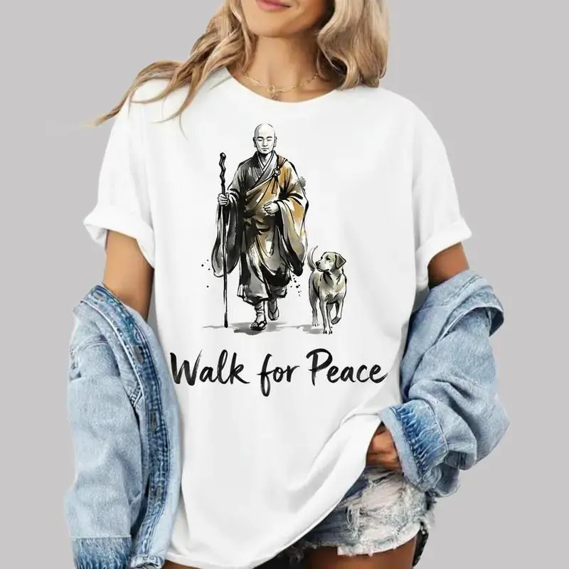 Serene Walk for Peace: Minimalist Zen Art T-Shirt Featuring Meditating Monks and Calm Dog, Vintage s Pigment Dyed Oversized Heavyweight Cotton Unisex Tee for Mindfulness, Meditation, and Calm Lifestyle