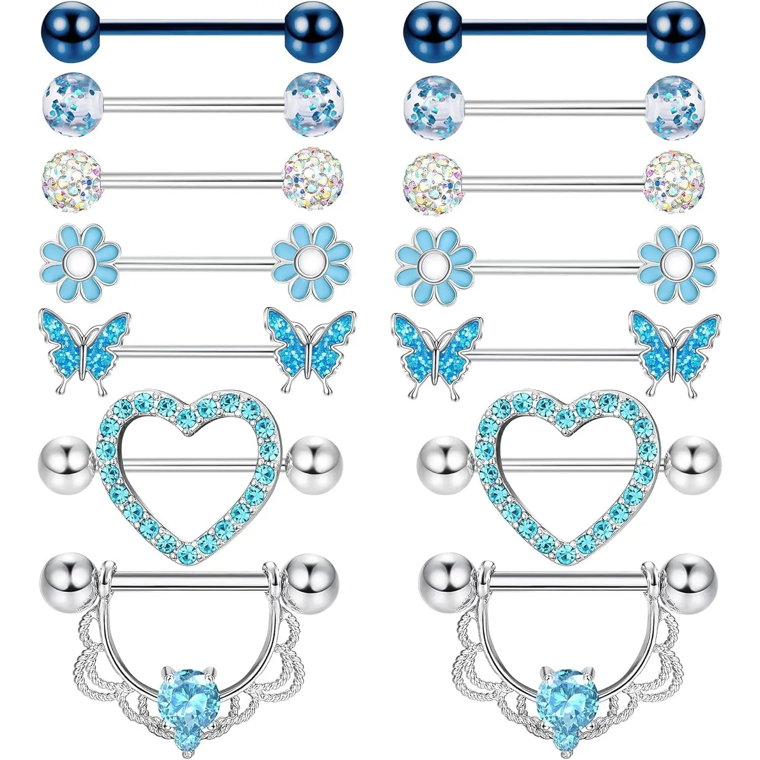 YADOCA 7Pairs 14G Nipple Rings for Women Surgical Steel Nipple Piercing Jewelry CZ Ball Heart Butterfly Flower Nipple Tongue Barbell Body Piercing Jewelry