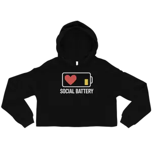 Social Battery Crop Hoodie – Trendy Raw Hem, Heart Battery Graphic, Cozy Fleece