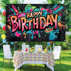 2D Flat Banner 1pc, Graffiti Happy Birthday Banner, Party Decoration Background, Photo Booth Photography Backdrop, No Power Required, Party Decoration Supplies