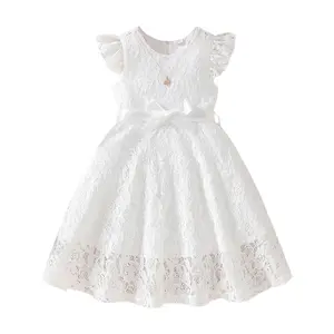 3-10 Years Sweet Toddler Kids Girls Princess Dress, Lace Fly Sleeve Round Neck Casual Dress, Fashion Summer Dress with Belt