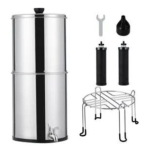 Stainless Steel 304 Gravity Water Filter System, Countertop Water Purifier with 2 Black Carbon Filters, Spigot & Stand, Home Drinking Water Filtration for Kitchen, Camping, Emergency