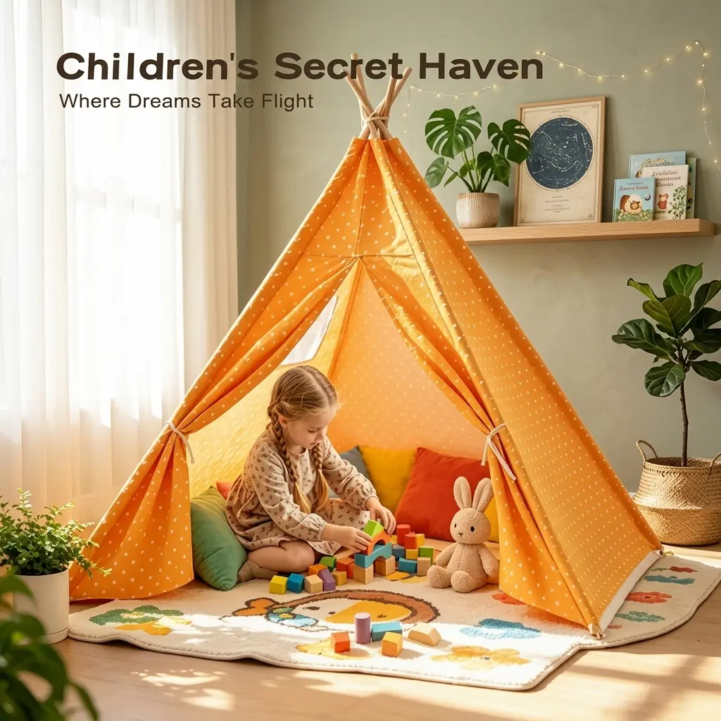 Kids Teepee Play Tent Foldable Indoor Floor Bedding Playhouse Tent for Girls Boys Portable Teepee with Carry Case Cute Cozy Home Bedroom Nursery Decor Whimsical Style Children Birthday Christmas Easter Surprise Gift