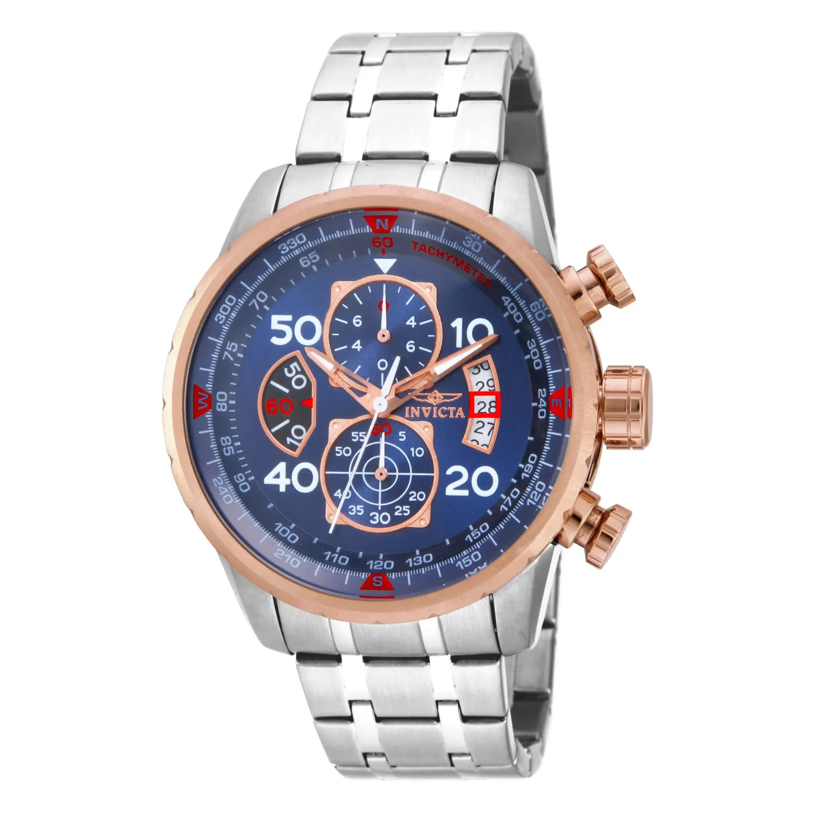 Rose Gold Invicta Men's Aviator Chronograph Watch - Bold Blue Dial Luxury Gold-Tone Statement Wristwatch for Men