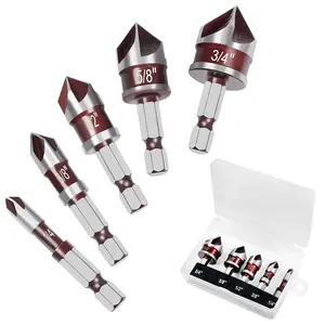 5 count Countersink Drill Bit Set,  HSS Drill Bit with 82-, 5 Flutes 1/4" Quick-Change Hex Shank, 1/4", 3/8", 1/2", 5/8", 3/4" Size Counter Sink Drill Bitsfor , Metal, Plastic