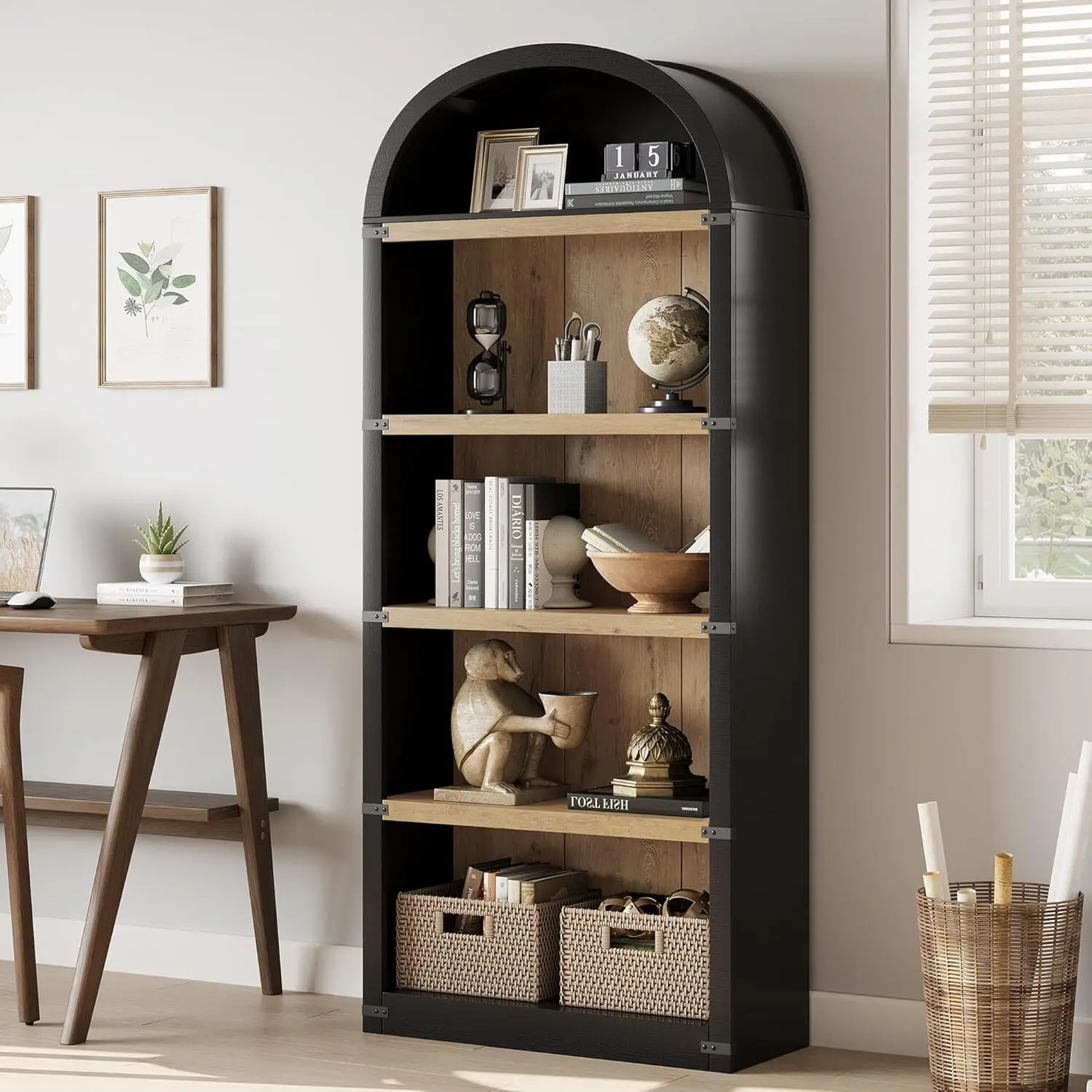 Gaomon 5-Shelf Arched Modern Floor Standing Bookshelf, 71in Tall Durable Wooden Storage Rack, Farmhouse Display Shelves for Home Office Living Room Furniture - Black/Natural, Assembly Required, Low-Maintenance Care
