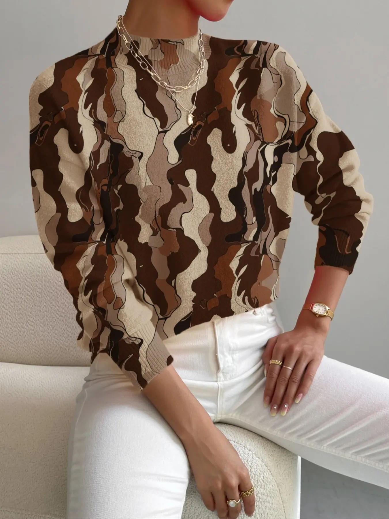 Women's Colorblock Knit Sweater, Stand Collar Camo Print, Casual Elegance for Spring Fall Winter, Holiday & Commute Wear