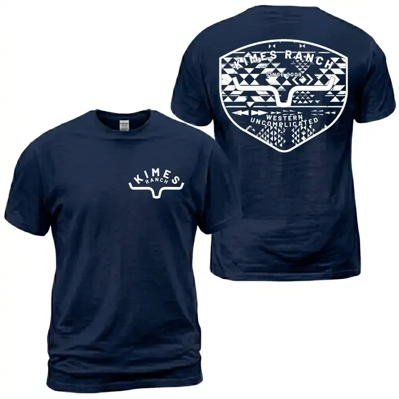 Kimes Ranch Aztec Shield Logo Print T-Shirt, Western Uncomplicated Graphic Tee, Distressed Tribal Back Print, Ranch Casual Outfit, Soft Cotton Tee