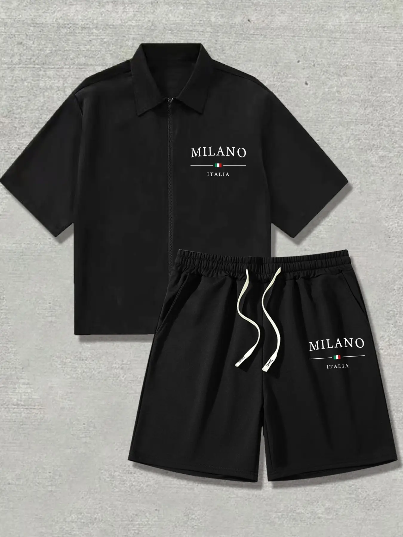 Men's Milan Letter Print Short Sleeve Shirt & Casual Outdoor Gym Shorts Set, 2 Piece Regular Fit Street Fashion Hip Hop