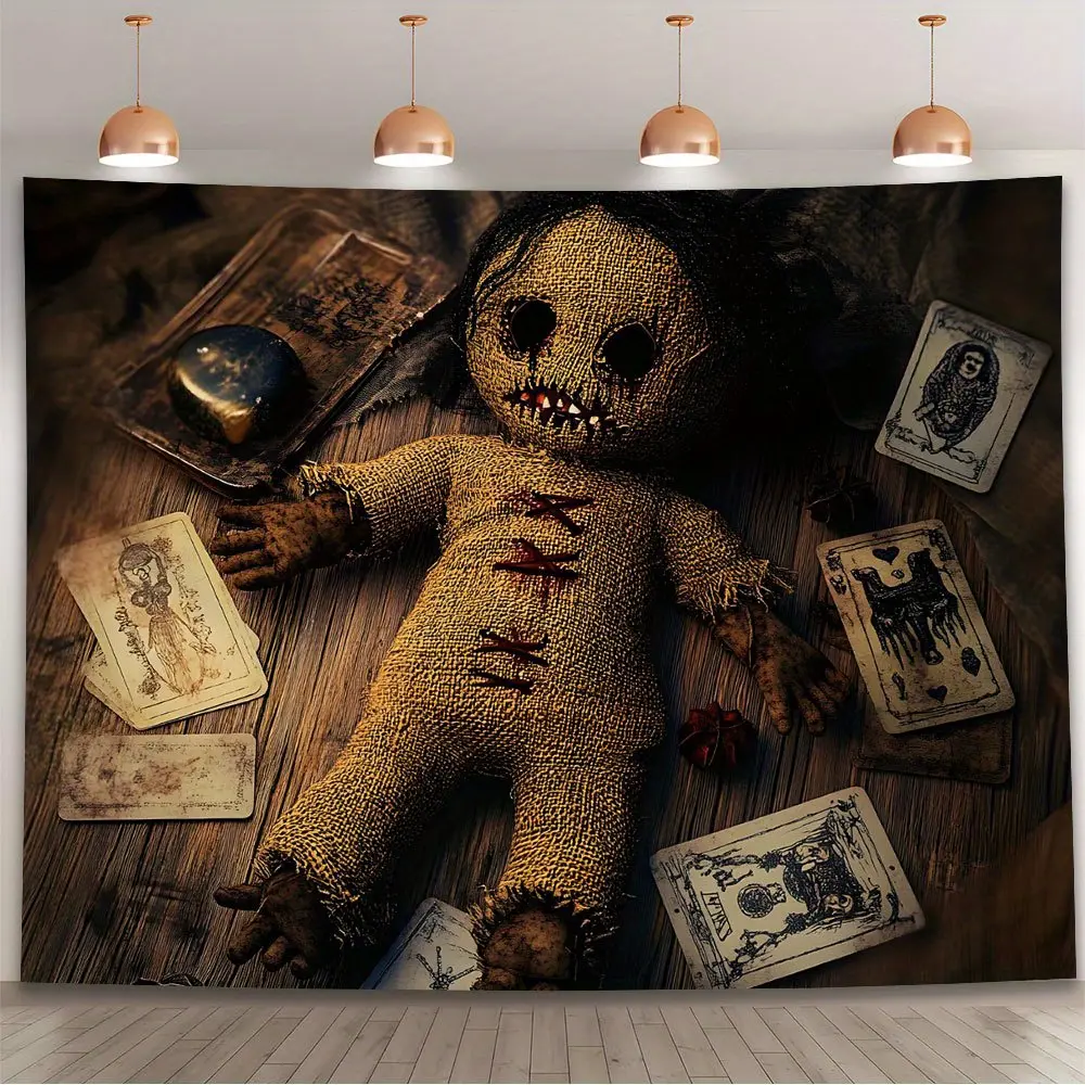 1PC Voodoo Themed Backdrop Banner - Eerie Doll with Red Stitches, Playing Cards & Candles, Durable Polyester, Indoor/Outdoor Use, Ideal for Halloween/Parties/Photography Wall Decor