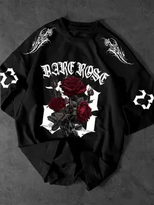 Men's Casual Sporty Short Sleeve Shirt, Rose Flower Print, Comfortable Round Neck T-Shirt for Outdoor Gym Shopping, Trendy Versatile Men's Clothing