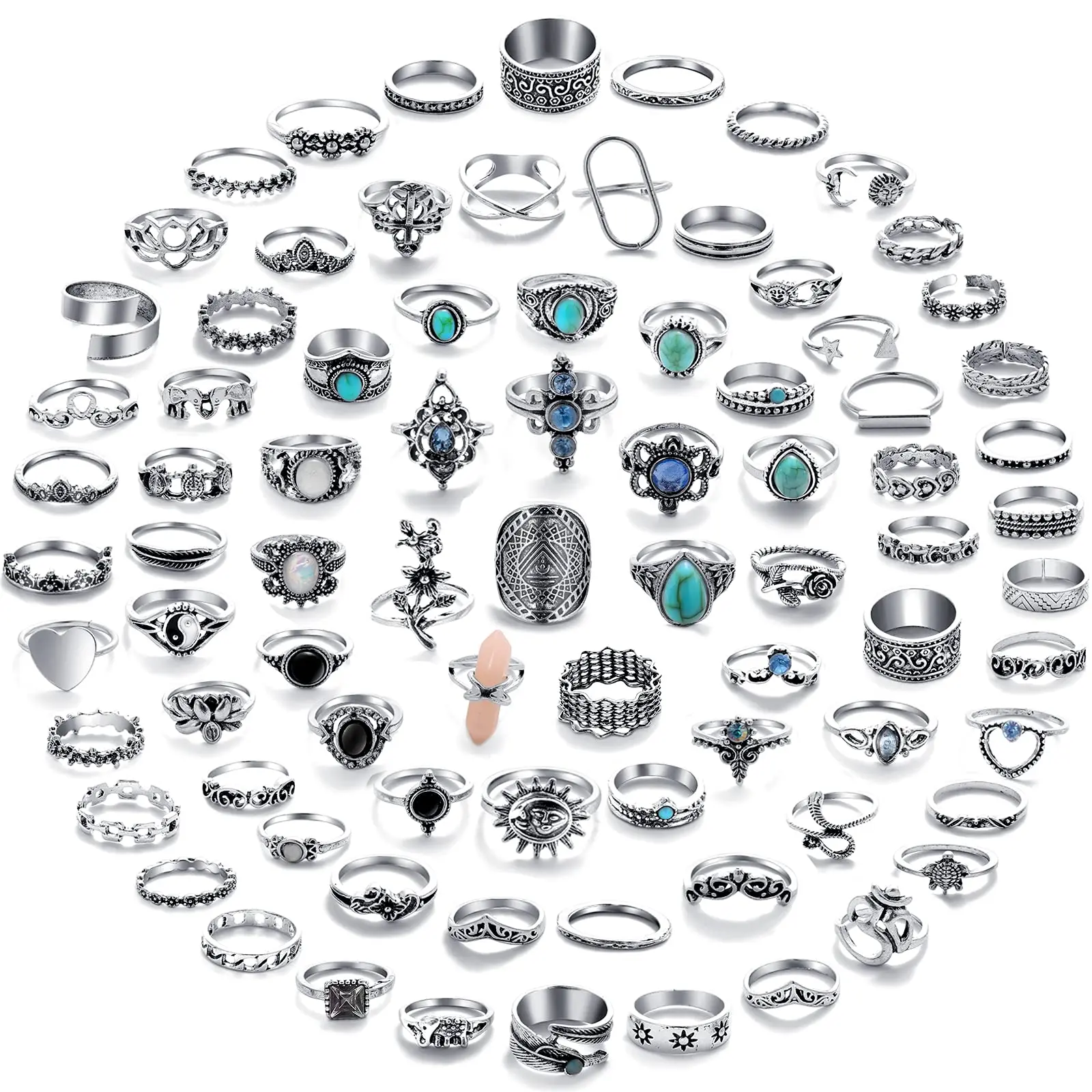 82Pcs Vintage Silver Knuckle Rings Set, Bohemian Stackable Midi Finger Rings, Retro Stone Crystal Assorted Stacking Rings Pack, Western Hippie Aesthetic Jewelry Gifts for Women Teen Girls