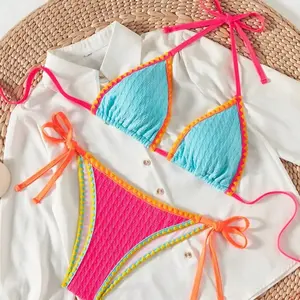 Neon Color Block Triangle Bikini Set - Textured Fabric with Contrast Trim & Tie Sides