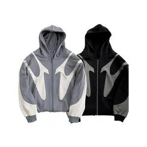 Black & Gray Color-Block Zip-Up Hoodies with Geometric Pattern, Streetwear Style, Perfect for Urban Daily Wear & Trendy Casual Occasions