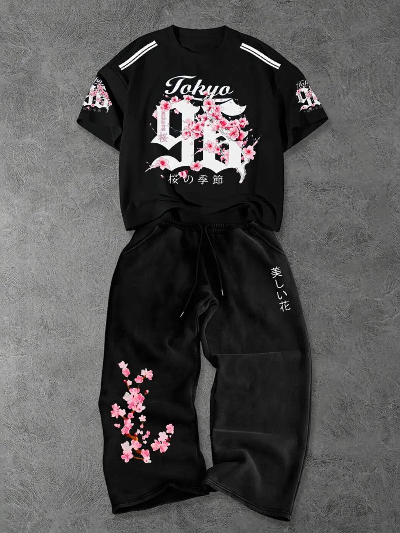 Men's Casual Loose-Fit Suit Set, Cherry Blossom Print Short-Sleeve T-Shirt and Wide-Leg Sweatpants, Breathable Streetwear Menswear