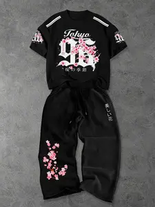 Men's Casual Loose-Fit Suit Set, Cherry Blossom Print Short Sleeve T-Shirt & Wide-Leg Sweatpants, Breathable Streetwear