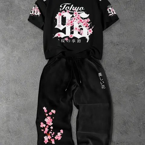 Men's Casual Loose-Fit Suit Set, Cherry Blossom Print Short-Sleeve T-Shirt and Wide-Leg Sweatpants, Breathable Streetwear Menswear Clothes