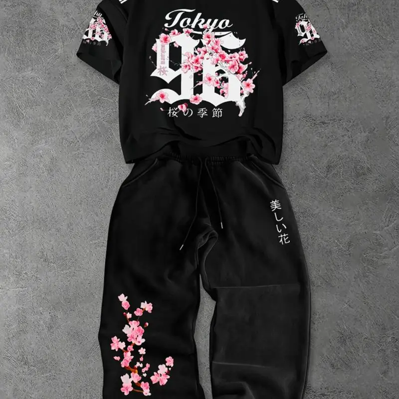 Men's Casual Loose-Fit Suit Set, Cherry Blossom Print Short-Sleeve T-Shirt and Wide-Leg Sweatpants, Breathable Streetwear Menswear Clothes
