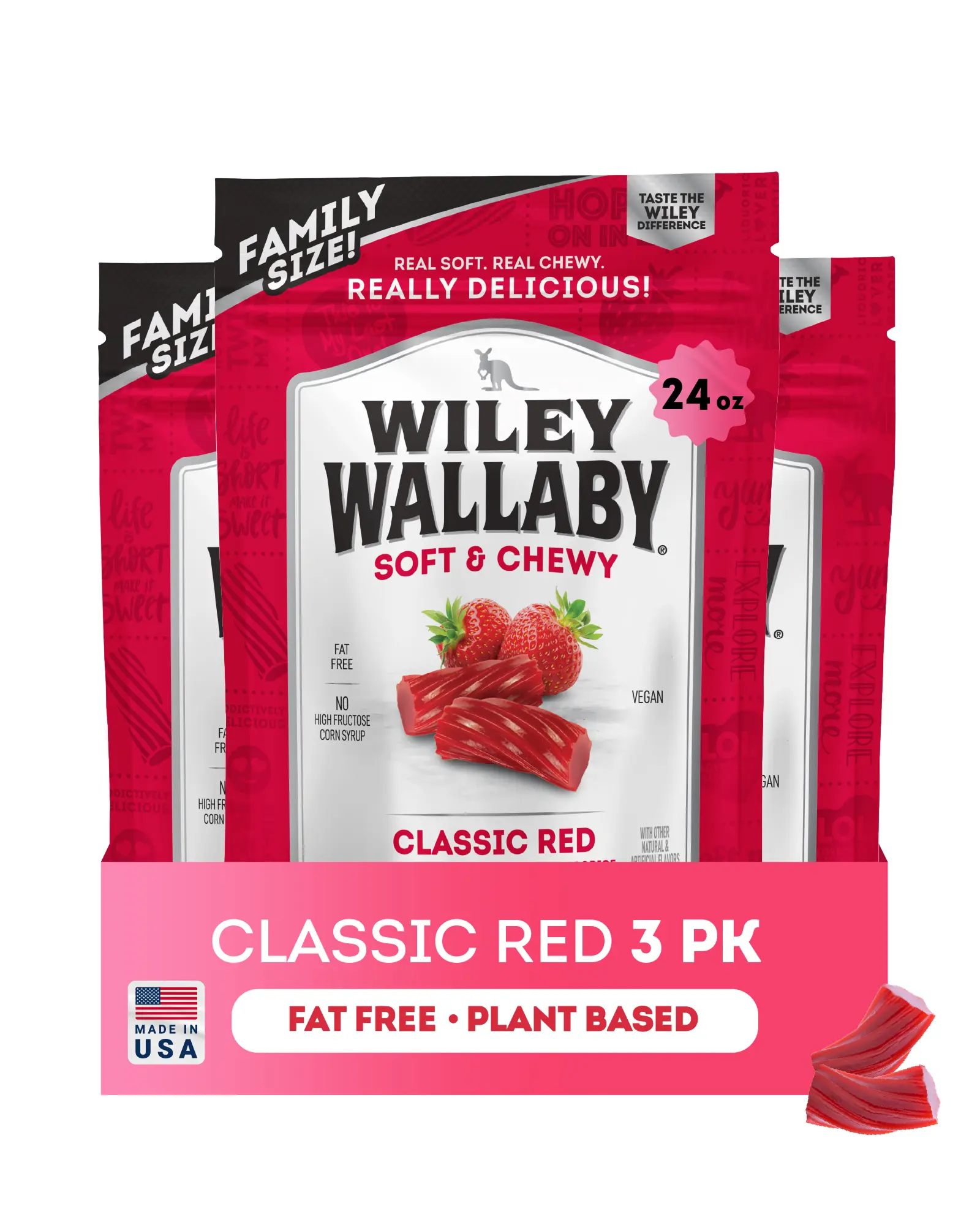 Wiley Wallaby Classic Gourmet Australian Red Licorice Candy Twists, 3-Pack Soft & Chewy 24 oz Snack Bonbons
