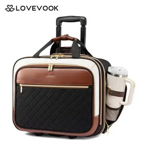 LOVEVOOK Rolling Laptop Bag Women, 17.3 Inch Laptop Briefcase with Wheels, Soft Sided Underseat Carry On Luggage Personal Item Suitcase for Work Travel Business, Black Brown
