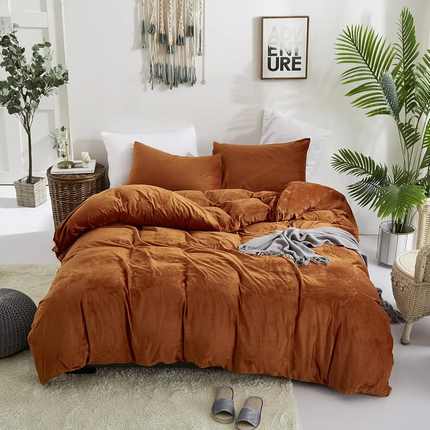 Velvet Polyester King Size Breathable Duvet Set (3Pcs) - 1 x King Duvet Cover, Terracotta-Rust Orange-Caramel Washable Covers, Adult Bedroom Bedding Set for Comfy Bed Setup, Machine Washable Duvet