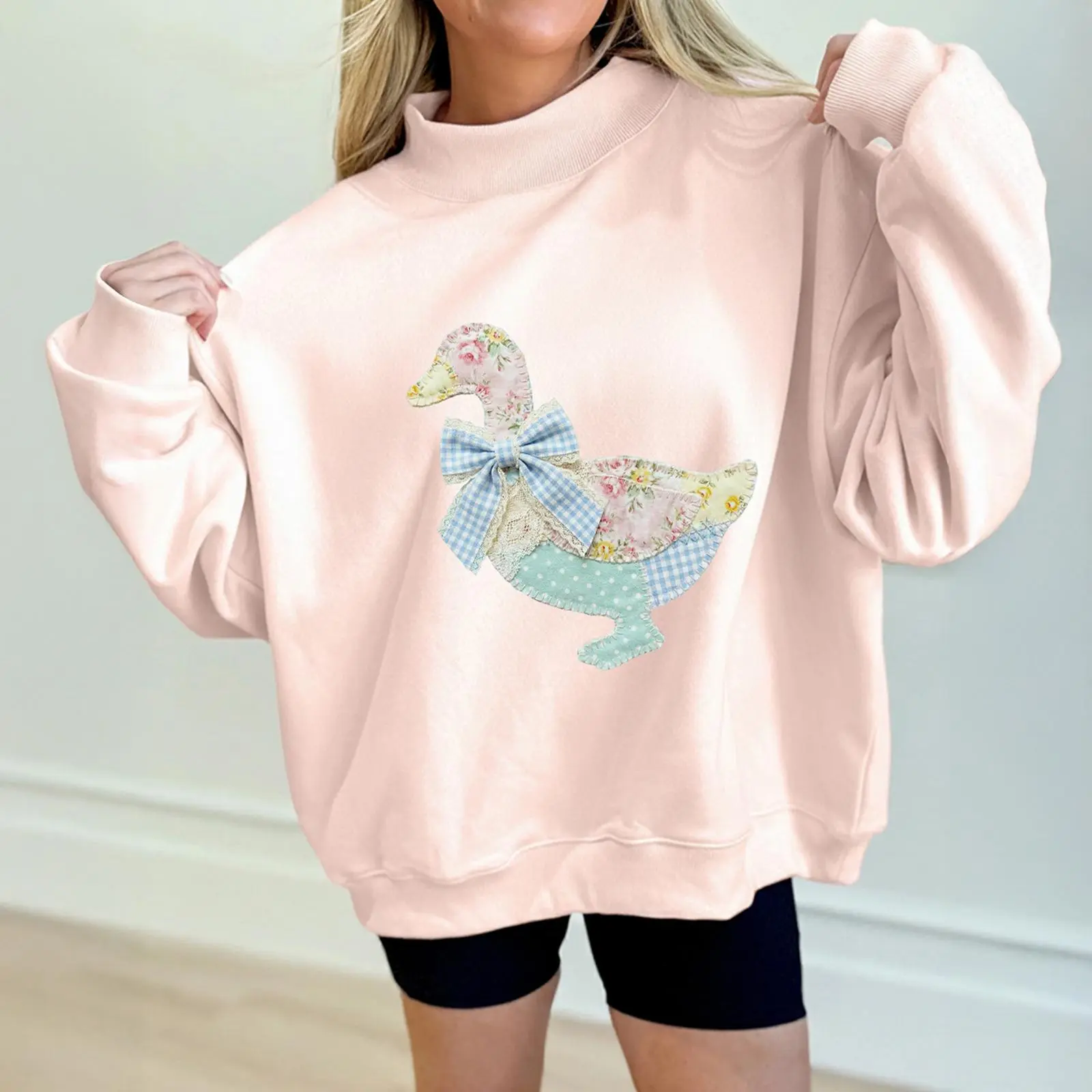 Hotapei Women's Cute Duck Embroidery Sweatshirt Long Sleeve Drop Shoulder Pullover Top Casual Loose Fit Crewneck Jumper Fall Winter Fashion Trendy Graphic Streetwear Y2K Aesthetic Pink Sweats Loungewear Cozy Daily Outfit Cute Animal Patchwork Bow Design