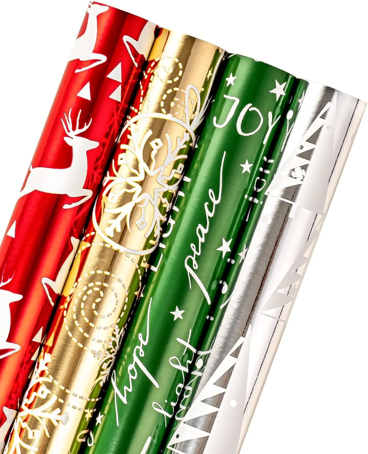 WRAPAHOLIC 30 Inch Christmas Wrapping Paper Roll Set, 4 Rolls Jumbo Holiday Gift Wrap with Gridlines, 100 Sq Ft Total, Metallic Foil, Plaid, Reindeer, Gnome, Gingerbread & Santa Designs for Christmas Gifts, Family Presents & Holiday Parties