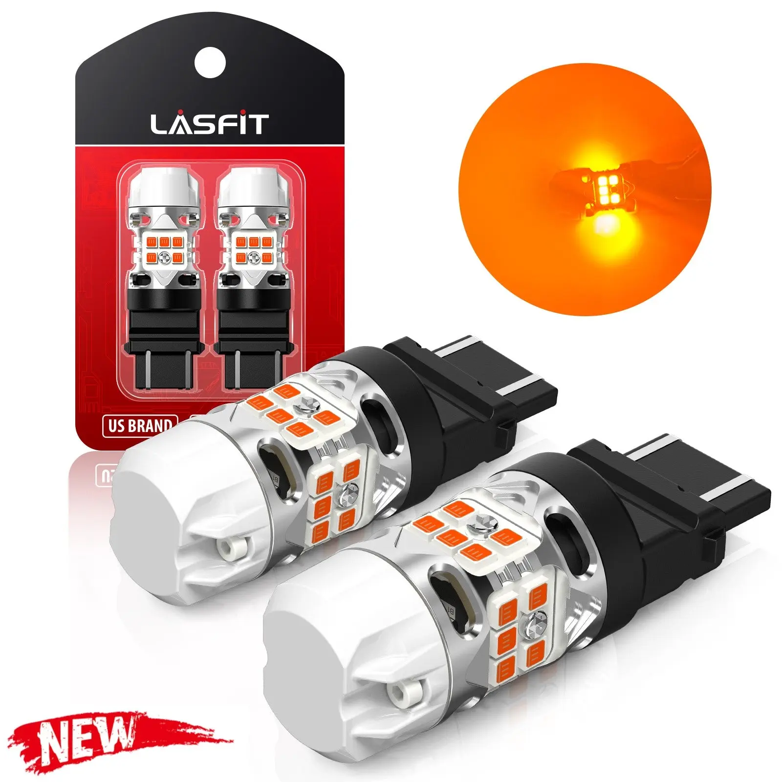 Lasfit T3 Series 3157/4157 CanBus-Ready Amber LED Turn Signal Bulbs, 2000 lm Max High-Performance LED Light, Plug-and-Play Durable Automotive Car Lights