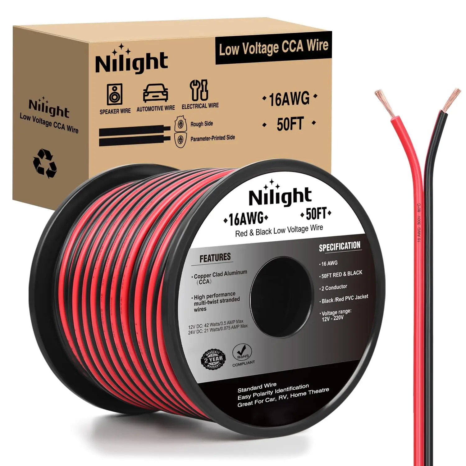 Nilight Wired 50ft 16AWG Copper Clad Aluminum Electrical Cable - 16/2 Gauge Red Black CCA 2-Conductor Parallel Wires, Flexible PVC Low Voltage 12V/24V DC Extension Cords, Conductive Easy Cut for Car Audio Devices