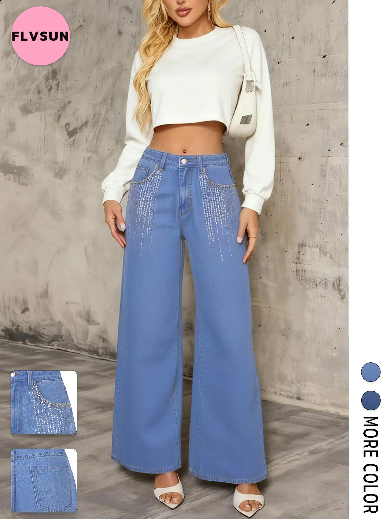 Flvsun Women's High Waisted Cotton Denim Baggy Flare Pants - Button Fly, Rhinestones, Sequins, Vintage Fit, 2000s Streetwear, Baggy Flares, Loose Fit, Straight-Leg, Year-Round Casual, Thanksgiving, Easter, Lived-In Charm
