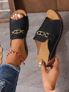 Summer Fashion Women's Wedge Sandals, Embellished Platform Sandals, Comfortable Open Toe Casual Style, Thick Sole, PU Leather Upper, Less Than Ankle Height