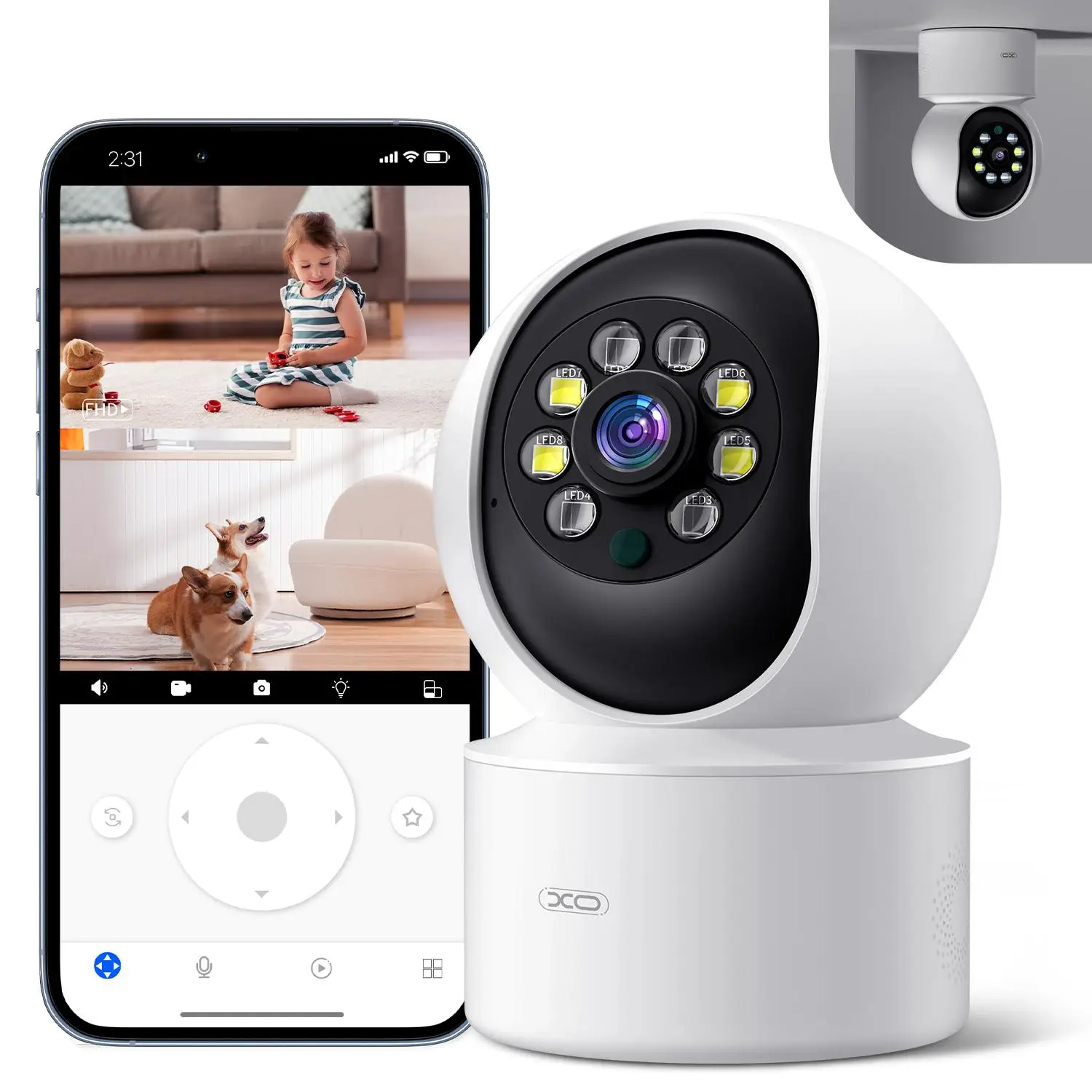 XO 2K Smart Home Security Camera Indoor, Baby Monitor Pet Camera 360-Degree for Home Security,1080P HD Dog-Camera with Night Vision, Camera with 5/2.4
