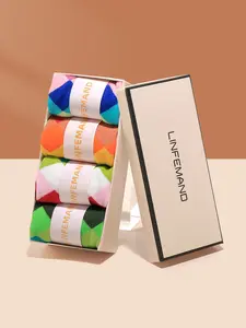Linfemand Warm Gradient Diamond Pattern Mid-Calf Socks Set of 4, Colorblock Cotton Trendy Socks, Comfortable Breathable Unisex Fashion Socks
