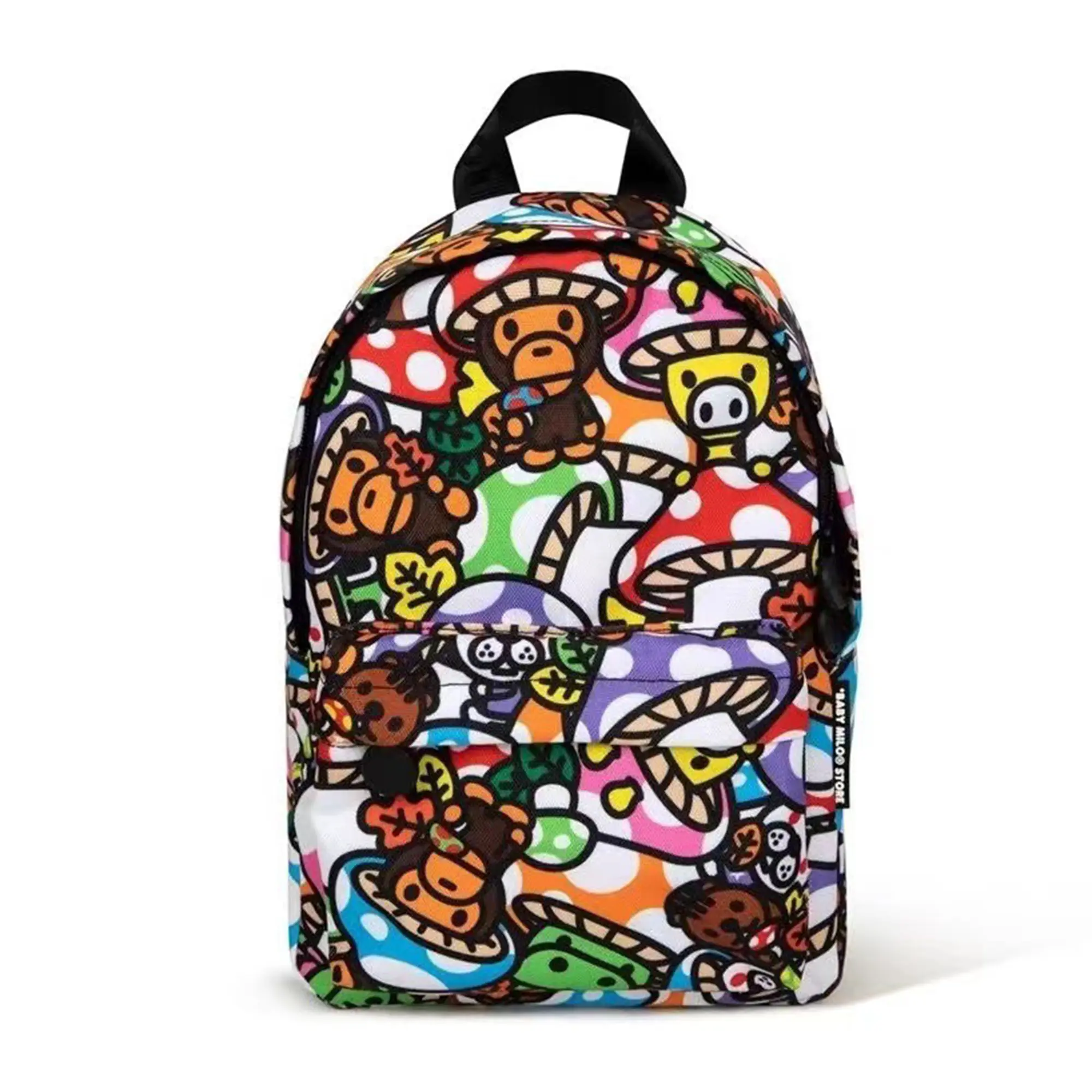 Baby Milo Unisex Streetwear Backpack - Oxford Fabric, Trendy Graffiti Cartoon Monkey Motifs, All-Over Mushroom Print, Large Capacity School/Travel Bookbag for Teens Students, Daypack