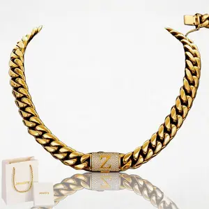 14mm Solid Stainless Steel Cuban Chain Link Necklace, A-Z Letter Design, Unisex Hip-Hop Fashion Jewelry, Gold Color, 16in/30in Lengths, Gift Box Included, Daily Wear, Chain Link Necklaces