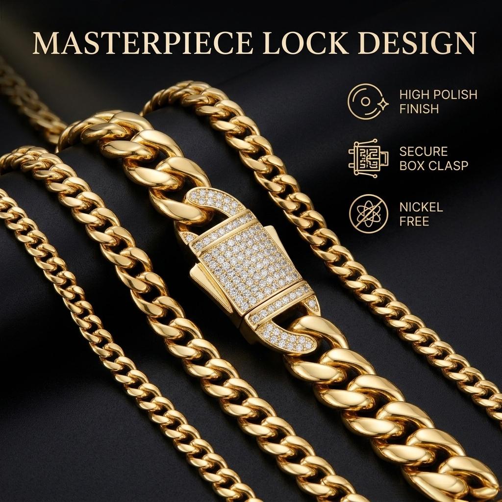 Stainless Steel Men's Cuban Chain, Ear-Style Clasp / Gold / Gold-Plated Miami Cuban Chain Necklace, Widths: 6mm/8mm/10mm/12mm/14mm, Fade-Resistant and Durable, Hip-Hop Style Men's Jewelry, Length: 7.5“–30”, Comes with a Gift Box