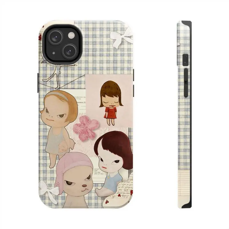 Tough Phone Case: Cute Floral Yoshitomo Nara Japanese Aesthetic Collage Design. Shockproof Heavy Duty Protective Cover for iPhone 11, 12, 13, 14, 15, 16, 17 Pro Max Plus.