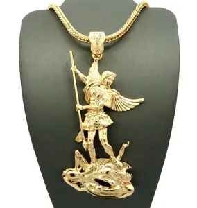 Hip Hop Jewelry Saint Michael Archangel Lucifer Peace Large Charm Pendant & 4mm 36" Franco Chain Necklace