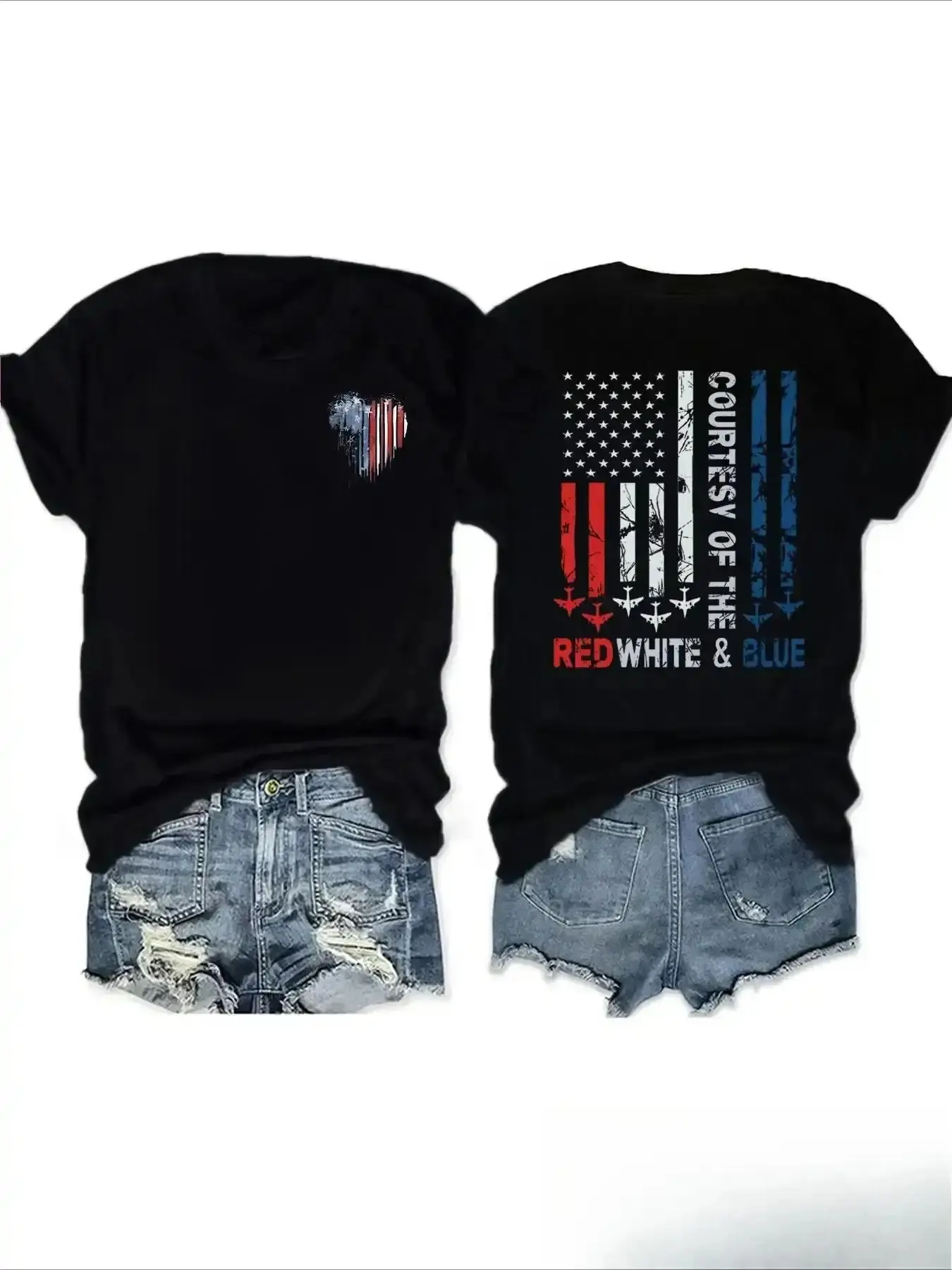 Women's 100% Cotton Patriotic T-Shirt - Casual Crew Neck, Digital Print Stars and Stripes Flag Heart Graphic, Unisex Cut, Machine Washable for Independence Day, Soft Fabric, Refer to Size Chart