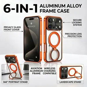 6-in-1 Phone Case Aluminum Alloy Frame for or iPhone 15、16、17 Pro Max | Metal Texture Anti-Peep Explosio Anti-Peep Explosion-Proof Drop Proof Scratch Resistant 360° Adjustable Stand MagSafe Compatible Buckle-Type One-Click Installation for Office Café Wir