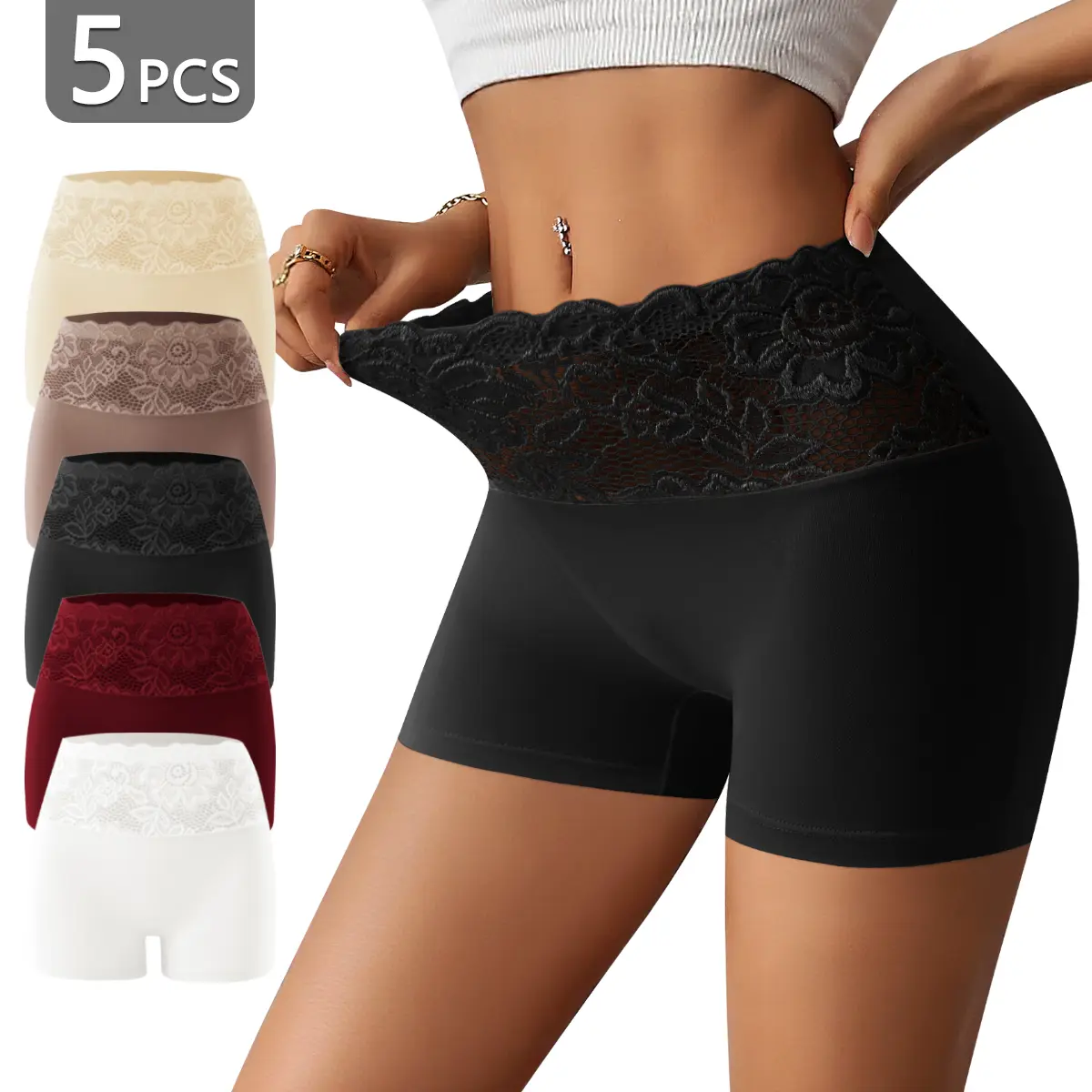 5-Piece Elegant High-Waisted Tummy Control Lace Women's Boxer Briefs, Lace-Trimmed Design, Soft and Breathable, Highly Elastic and Comfortable, Silky Smooth Shorts, Anti-Exposure Womenswear, Elegant and Confident Women's Underwear, Sizes S-XXL