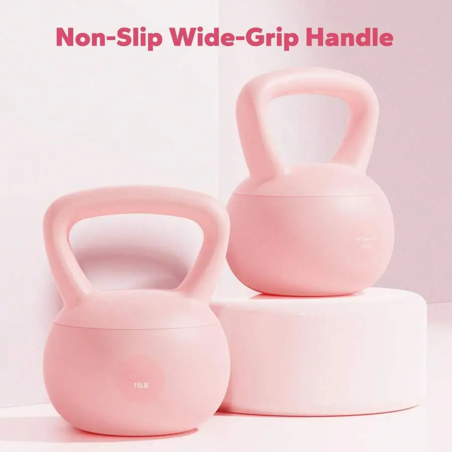 15 LB Soft Kettlebell with PVC Shell, Mineral Filled Fitness Equipment for Full Body Workout, Nonslip Grip, Balanced Weight, Floor-Safe Base, 1-Piece Molded for Home Gym Resistance Training