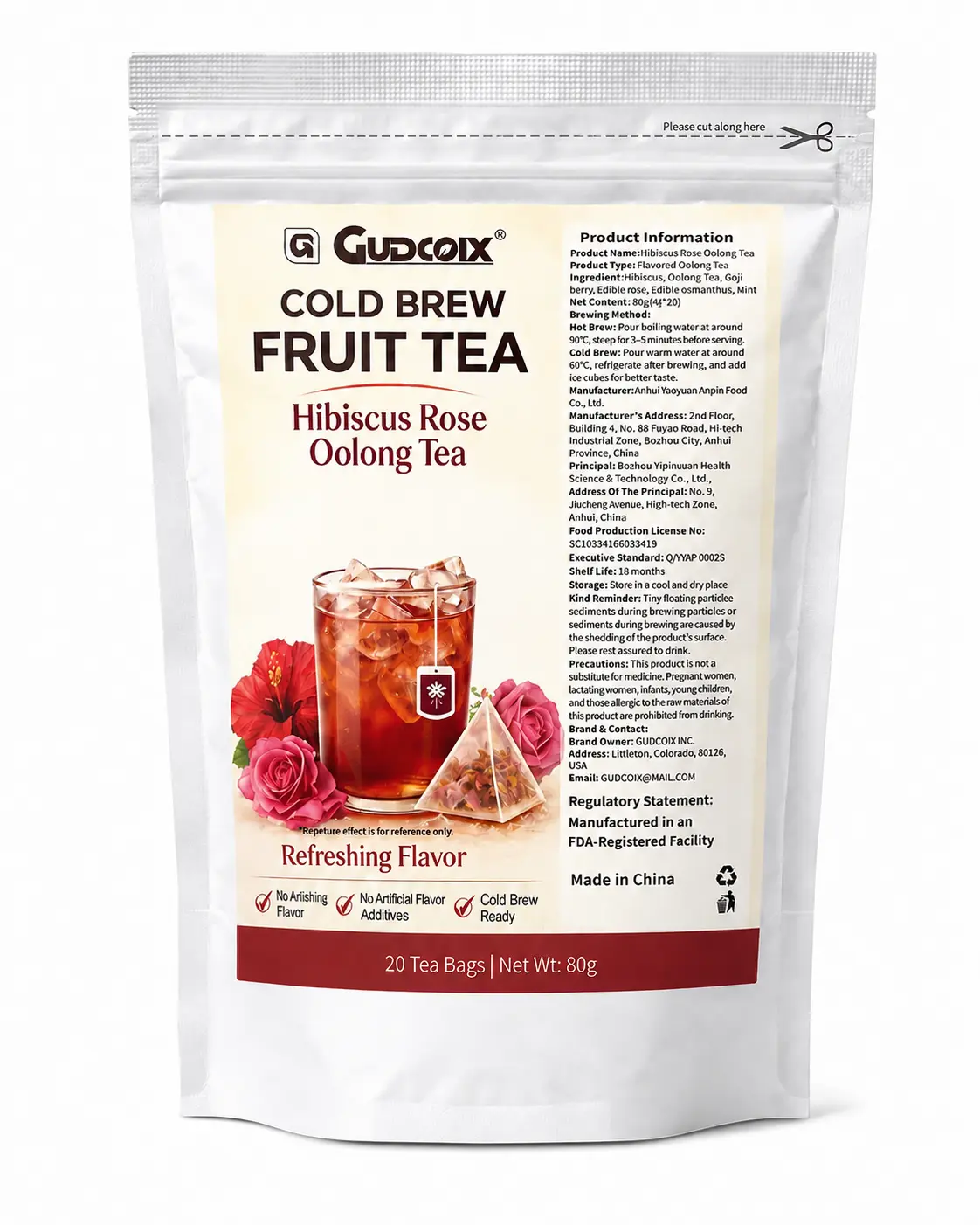 Gudcoix Cold Brew Fruit Tea Hibiscus Rose Oolong 20 Tea Bags Net Wt 80g Refreshing Flavor No Artificial Additives
