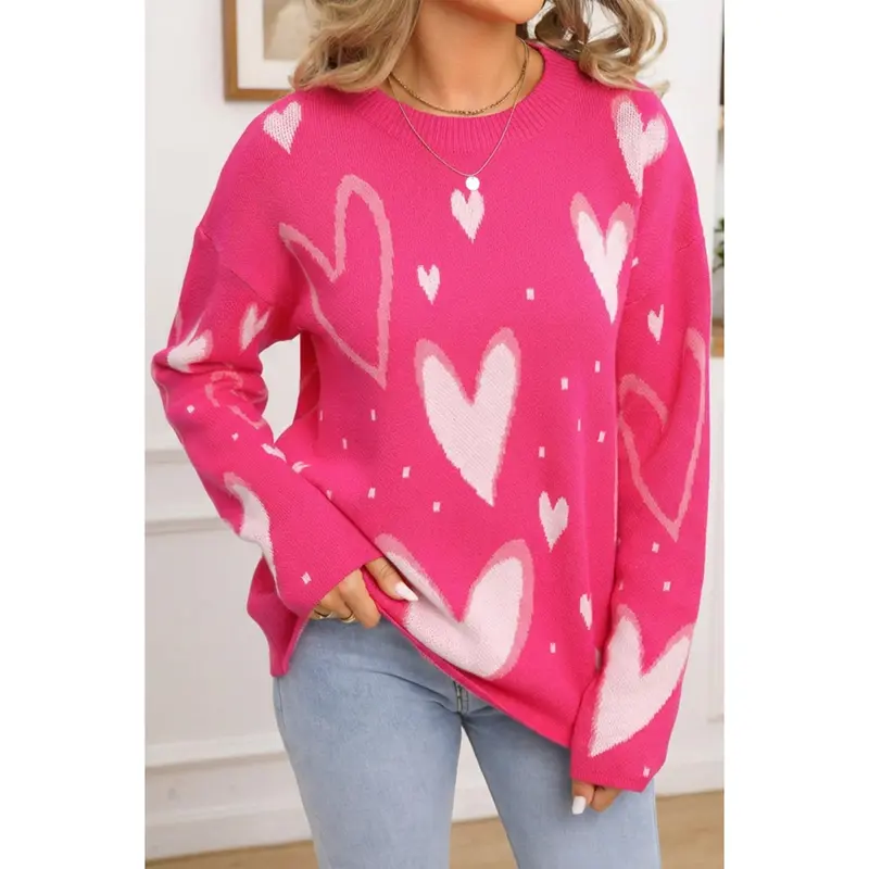 Rose Red Splendid Heart Print Valentines Day Sweater