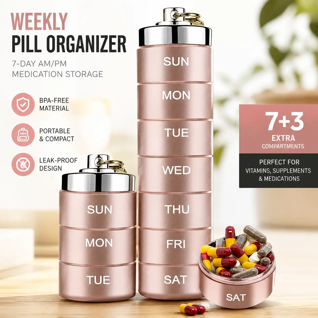 New Portable Waterproof Moisture-Proof 7-Day 7-Compartment Metallic Silver Pill Case, Metal Pill Organizer for Travel/Hiking, Suitable for Vitamins & More, Water Proof, 7-Day 7-Compartment Metallic Silver Pill Box