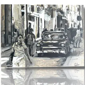 A Vintage Original Impressionist Style Cuban City Street Art Painting On Canvas