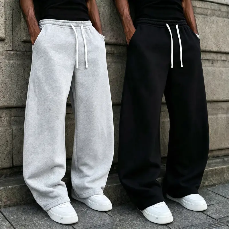 Men’s loose cotton–polyester athletic pants — American high-street style full-length casual joggers with an elastic drawstring waistband, a relaxed, drapey fit, skin-friendly fabric, solid color design, suitable for everyday wear.