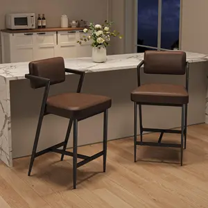 Garvee Set of 2 Counter Height Bar Stools with Backrest, Armrest, and Footrest - 27" Tall Rustic Brown Chairs with Thick Cushion and Reinforced Metal Legs for Kitchen Island or Counter Bar
